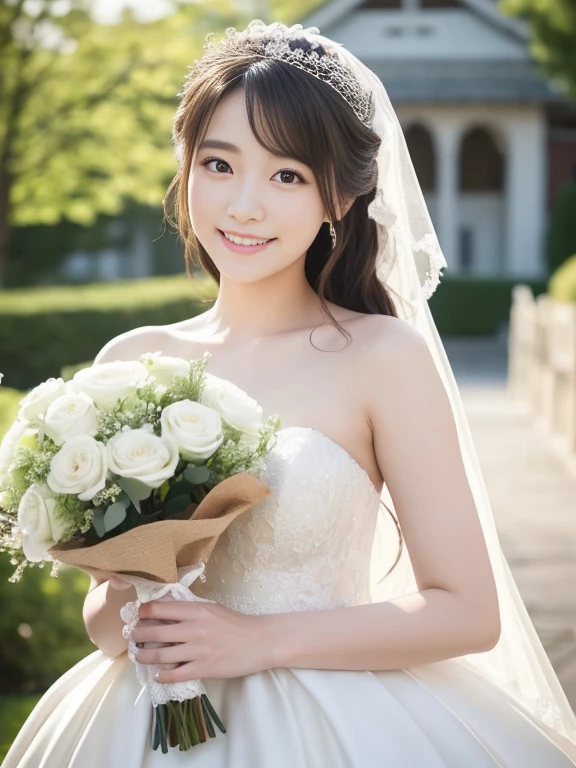 Photo-realistic quality、a woman in a Wedding dress holding a bouquet of flowers、Standing in front of the church、20 year old Japanese model、白のWedding dress,Hanae Mori style wedding dress、Japan idols at 20 years old、lace prom dresses、looking at the camera、Detailed and beautiful eyes、Cute smile、Relaxed and gentle expression、a close up of a woman in a Wedding dress holding a bouquet, Wedding dress, So magical and dreamy、Blur the background a lot、300ｍｍ F2.Shot with 8 lenses