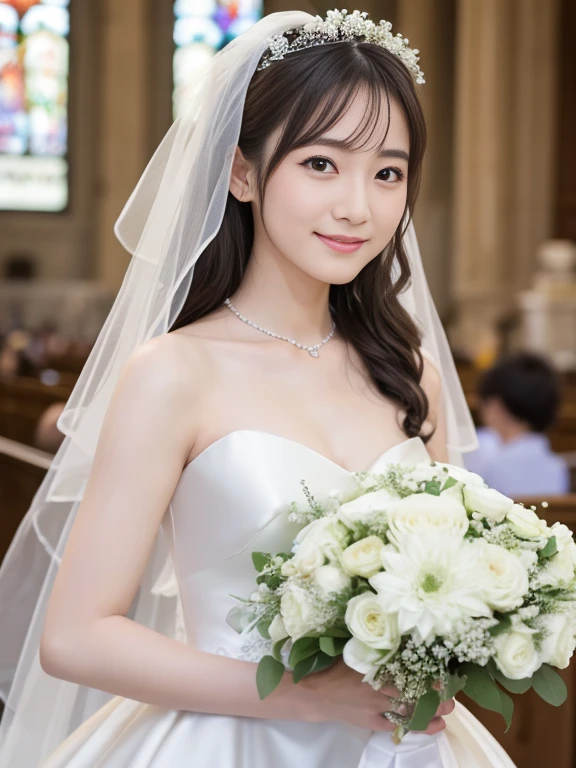 Photo-realistic quality、a woman in a Wedding dress holding a bouquet of flowers、Standing in front of the church、20 year old Japanese model、白のWedding dress,Hanae Mori style wedding dress、Japan idols at 20 years old、lace prom dresses、looking at the camera、Detailed and beautiful eyes、Cute smile、Relaxed and gentle expression、a close up of a woman in a Wedding dress holding a bouquet, Wedding dress, So magical and dreamy、Blur the background a lot、300ｍｍ F2.Shot with 8 lenses