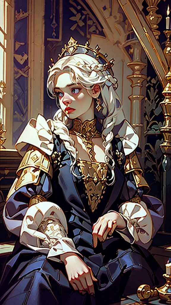 Beautiful albino woman with detailed braided medieval hairstyle (updo) (white hair) sitting on horse,wearing detailed medieval riding clothes (red and black colours), with gold accessories and gold tiara, medieval queen, medieval woman,queen,game of thrones style,daenerys targaryen style, high quality, very detailed,hd quality, masterpiece ((purple eyes))