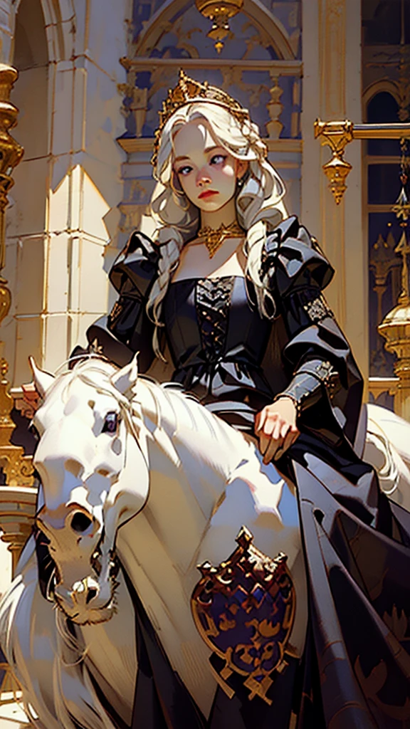 Beautiful albino woman with detailed braided medieval hairstyle (updo) (white hair) sitting on horse,wearing detailed medieval riding clothes (red and black colours), with gold accessories and gold tiara, medieval queen, medieval woman,queen,game of thrones style,daenerys targaryen style, high quality, very detailed,hd quality, masterpiece ((purple eyes))