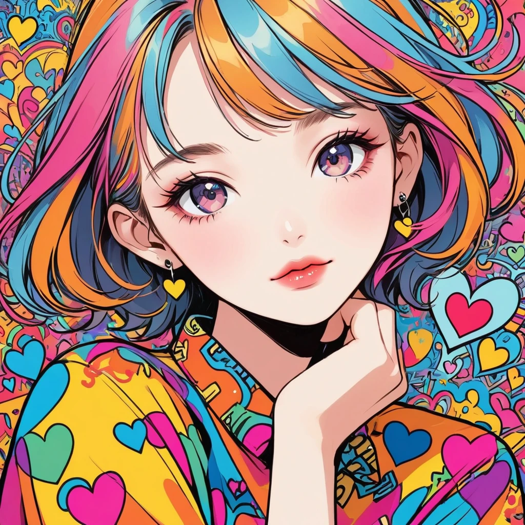 Keith Haring colorful style, Simple Line Initialism，Abstract art，Urban Background, (((The most beautiful girl of all time))), Sweet face. Lips in love, colorful hearts, stylish design, (((黒い瞳)))