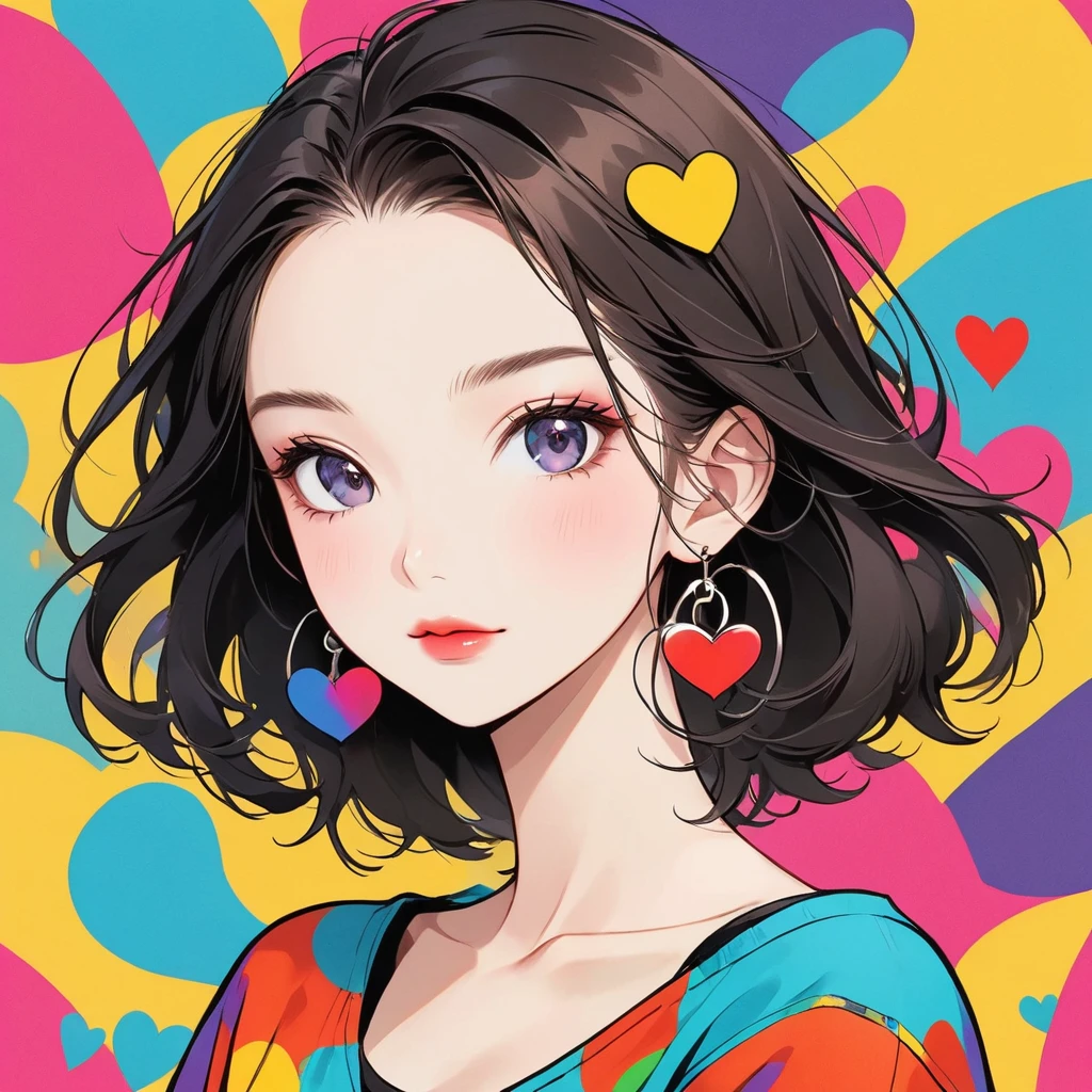 Keith Haring colorful style, Simple Line Initialism,Abstract art,Urban Background, (((The most beautiful girl of all time))), Sweet face. Lips in love, colorful hearts, stylish design, (((黒い瞳)))