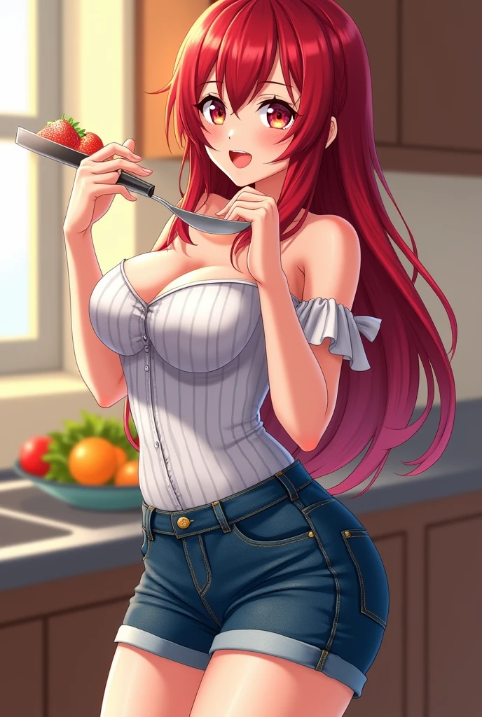 Anime (best quality, ultra-detailed, photorealistic: 1.39), bright and vibrant colors, short jeans, strapless dress, red hair, best quality highest resolution, big busty enormous down blouse deep cleavage leaning curvy motherly woman forward serving food