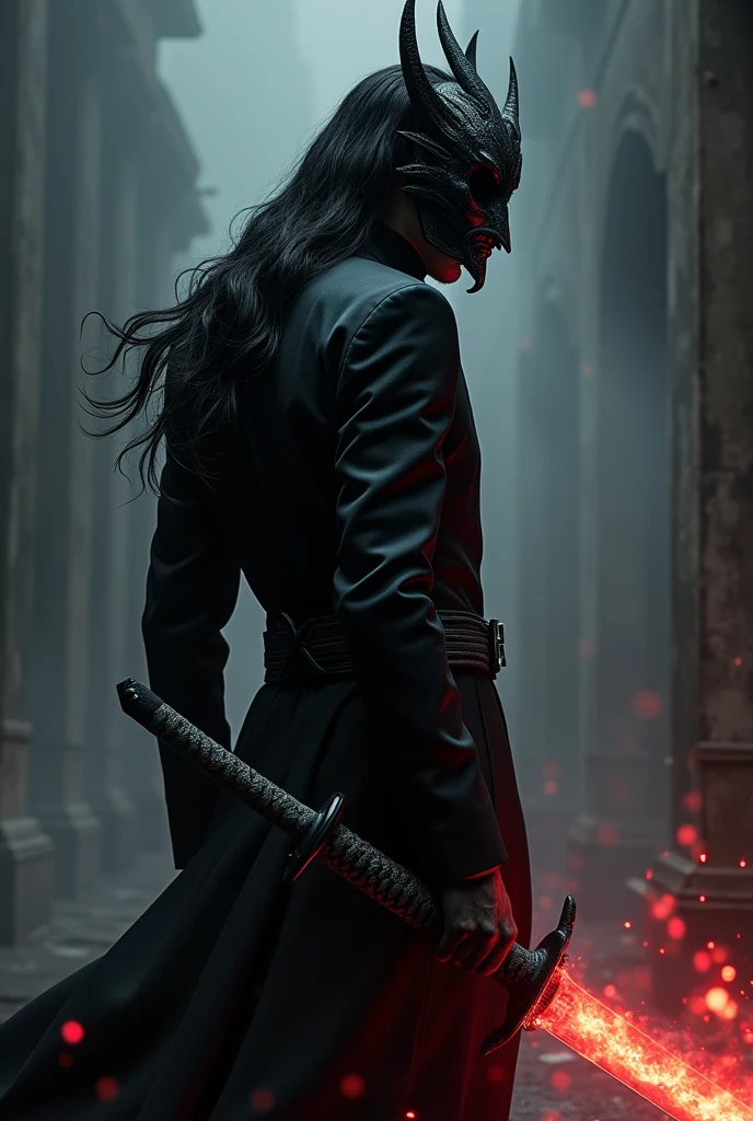 Long black hair,man, wearing black demon helmet,suit wearing, looking behind, holding a katana with red flame