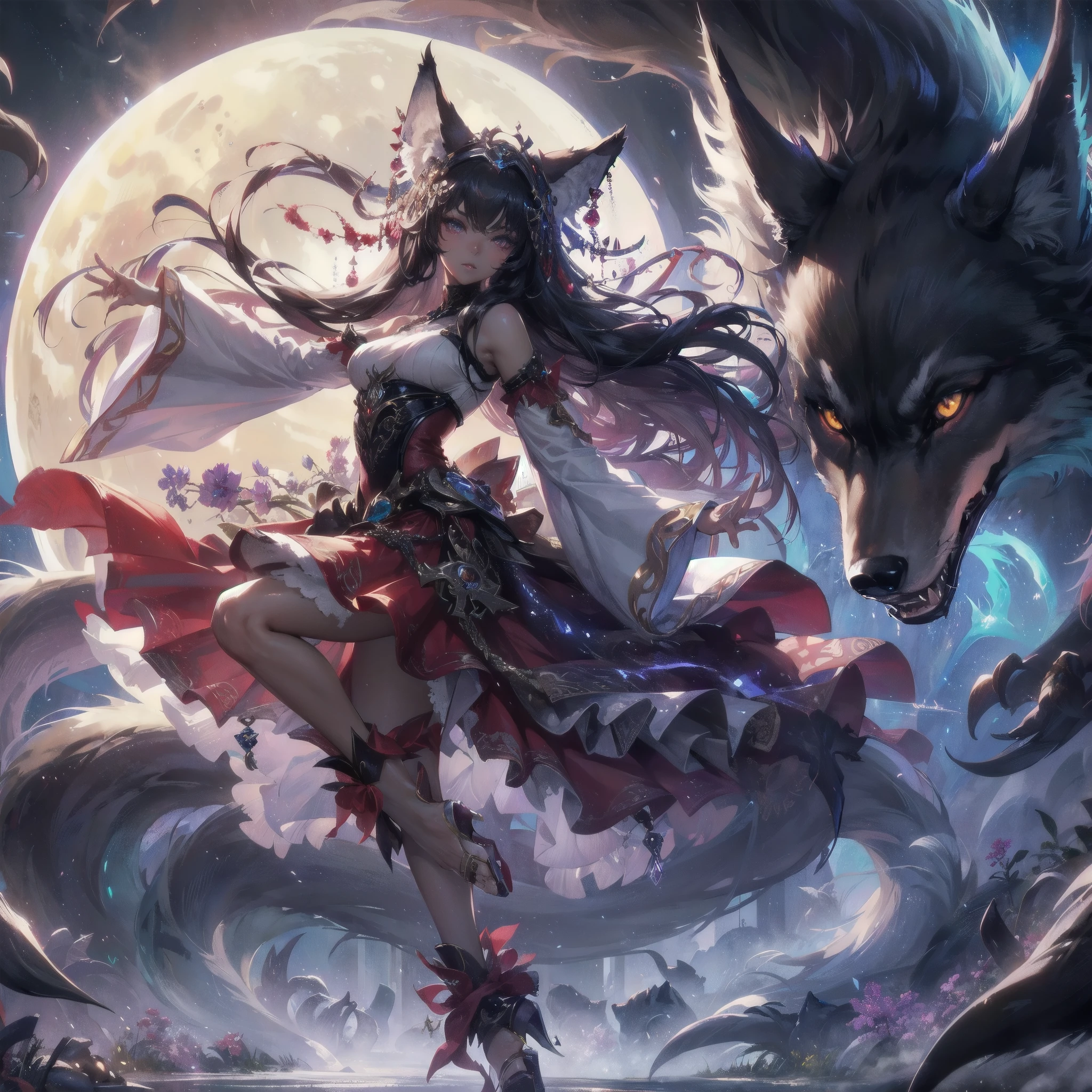 masterpiece, (textured skin), best quality, gorgeous beautiful, (a beautiful girl,wolf ears),detailed clothes,large breasts,narrow waist,, (beautiful face), cinematic lighting, (fantasy anime art ),