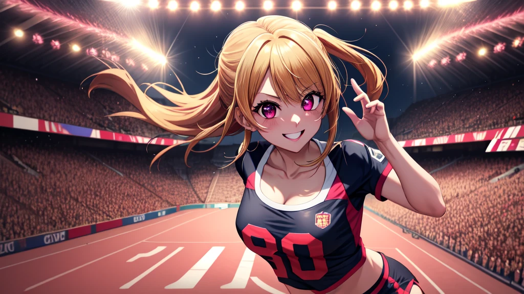 anime, Beautiful Face, Highly detailed face, two exact legs, Pink fine eyes, Highly detailed background, Perfect lighting, Accurate weapons, Accurate hands, Accurate Fingers, Blonde, whole body, One girl, alone, Ruby Hoshino, oshi no ko, High resolution, Super sharp, 8k, masterpiece, look at the other person, Teasing Smile, Tight football T-shirt, Tight sports shorts, soccerをする, Cleavage, on a soccer pitch, Running towards the audience, soccer