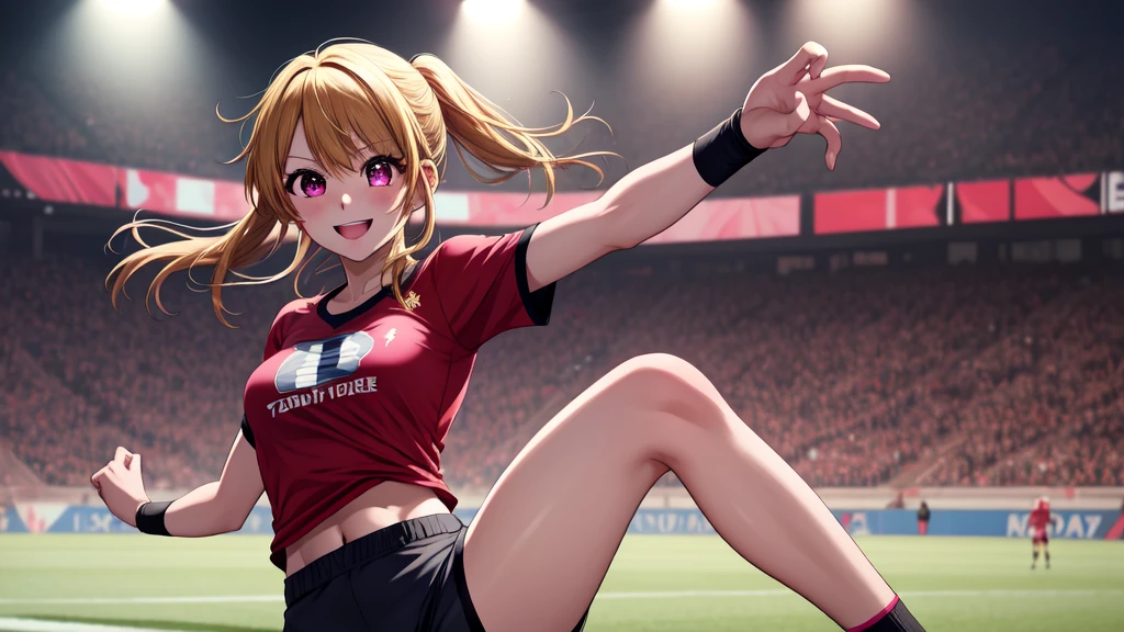 anime, Beautiful Face, Highly detailed face, two exact legs, Pink fine eyes, Highly detailed background, Perfect lighting, Accurate weapons, Accurate hands, Accurate Fingers, Blonde, whole body, One girl, alone, Ruby Hoshino, oshi no ko, High resolution, Super sharp, 8k, masterpiece, look at the other person, Teasing Smile, Tight football T-shirt, Tight sports shorts, soccerをする, Cleavage, on a soccer pitch, Running towards the audience, soccer