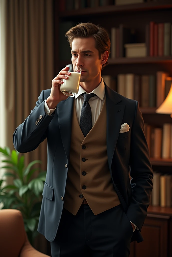 A man Holding a glass of milk and taking a sip of Milk