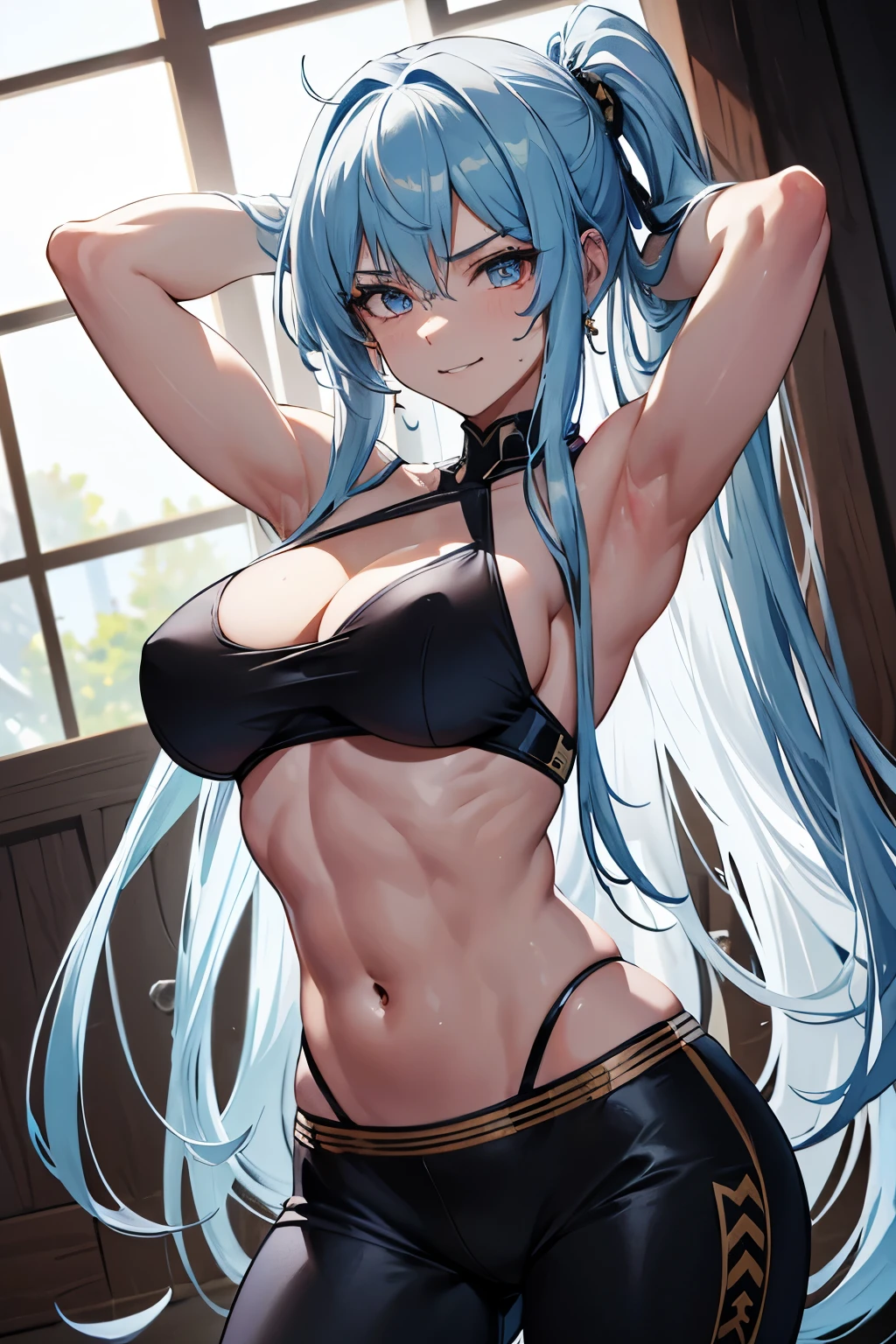 dramatic angle, best detailed girl, macro shot, cool posing, sweatdrop, {muscular}, mature, messy white long hair, flipped hair, eyes visible through hair, blue streaked hair, smirk, tareme, Canines, Bare navel, indoors, poolcore, perfect light, beautiful detailed shadow, absurdres,