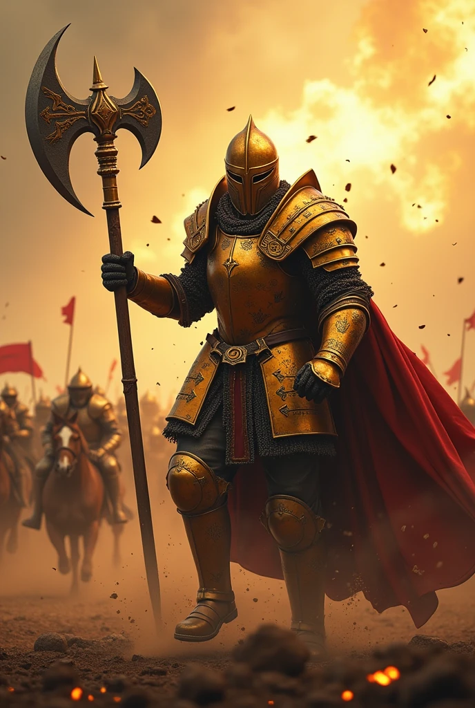 Create an illustrous heavy knight in a heavy golden helmetless berserker armor and gigantic golden battle axe rampaging himself against his enemies in the heat of battle in the middle of the battlefield. dust and fire were swirling here and there, rain of arrows everywhere, and swarm of enemies comes from every side of him, (Photorealistic:1), dramatic effect, UHD