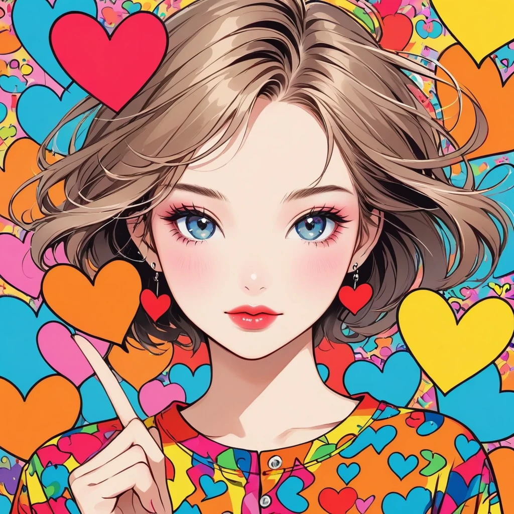 Keith Haring colorful style, Simple Line Initialism,Abstract art,Urban Background, (((The most beautiful girl of all time))), Sweet face. Lips in love, colorful hearts, stylish design