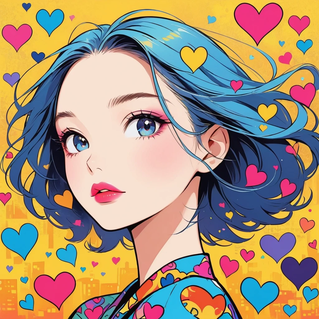 Keith Haring colorful style, Simple Line Initialism,Abstract art,Urban Background, (((The most beautiful girl of all time))), Sweet face. Lips in love, colorful hearts, stylish design