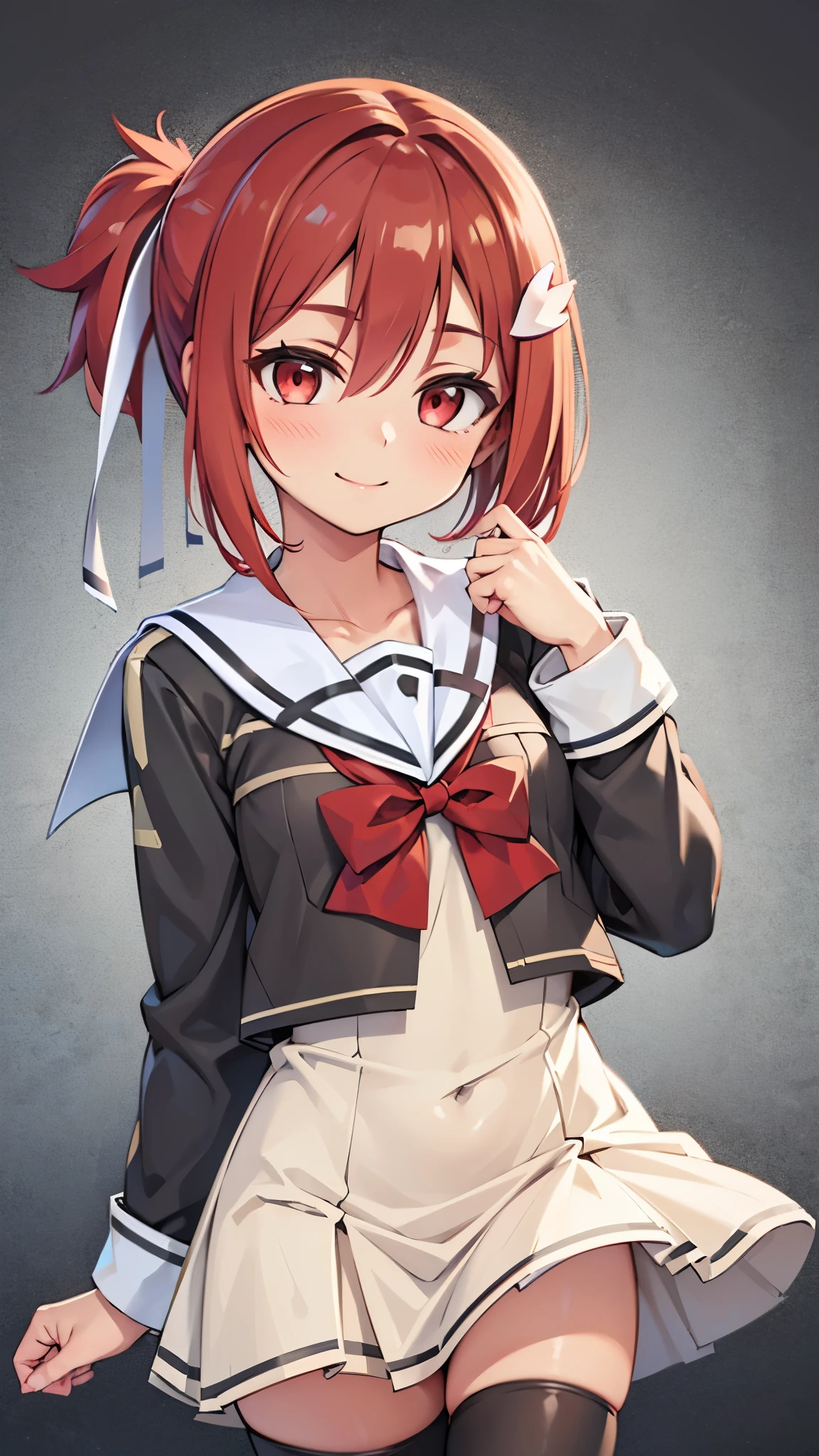 Yuuki_Yuna, 1girl, solo, smile,hair ornament,red eyes, thighhighs, long sleeves,flat chested,small breasts,school uniform,dress,bow,red ribbon, hair between eyes,White hair ribbon,red hair, black thighhighs, clothes lift, side ponytail,smile,((upper body)),