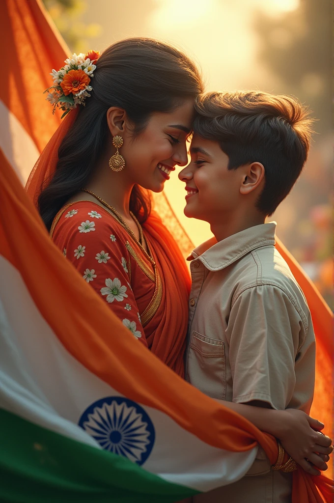 Maa bete ki photo me indian flag 
