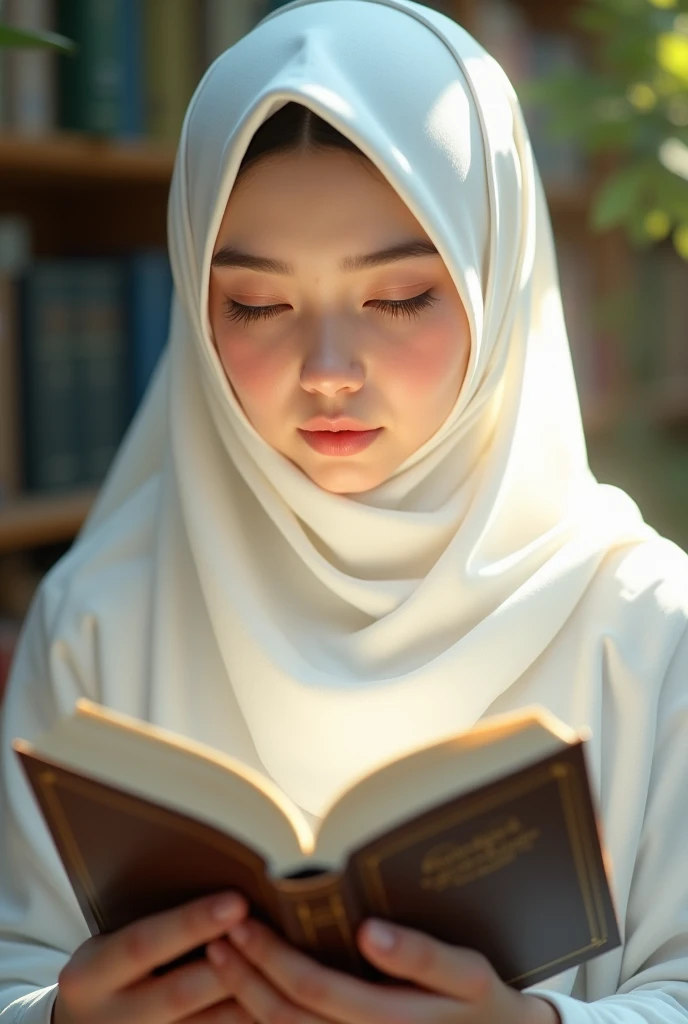 female high school student wearing white hijab reading a book

