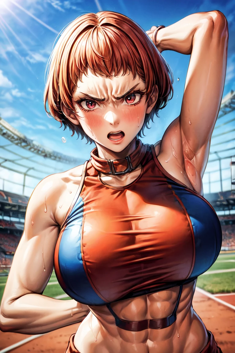 masterpiece,1girl,large breast,armpits,track and field uniform,abs,angry,pov,sweat,sumLeonie, short hair,