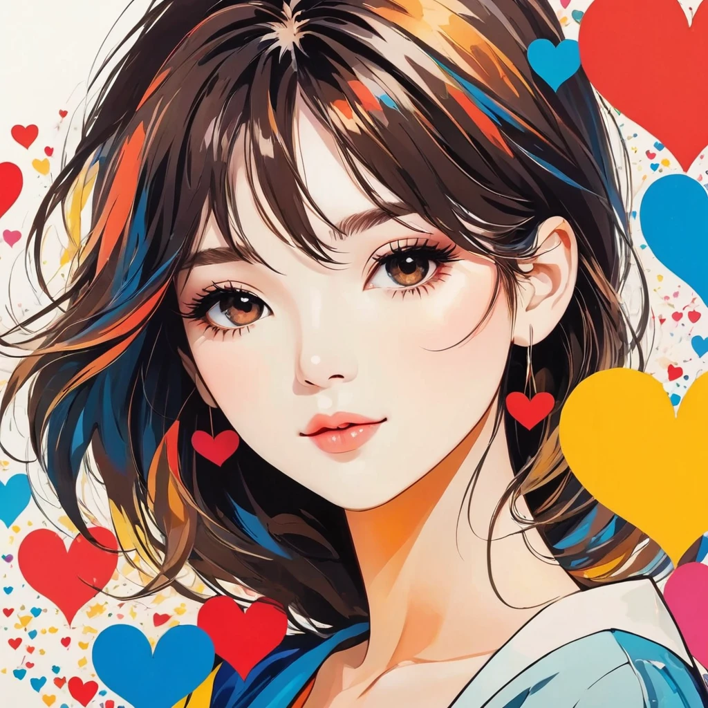 Mika Pikazo style, Simple Line Initialism，Abstract art，Urban Background, colorful hearts ,(((The most beautiful girl of all time))), Sweet face.