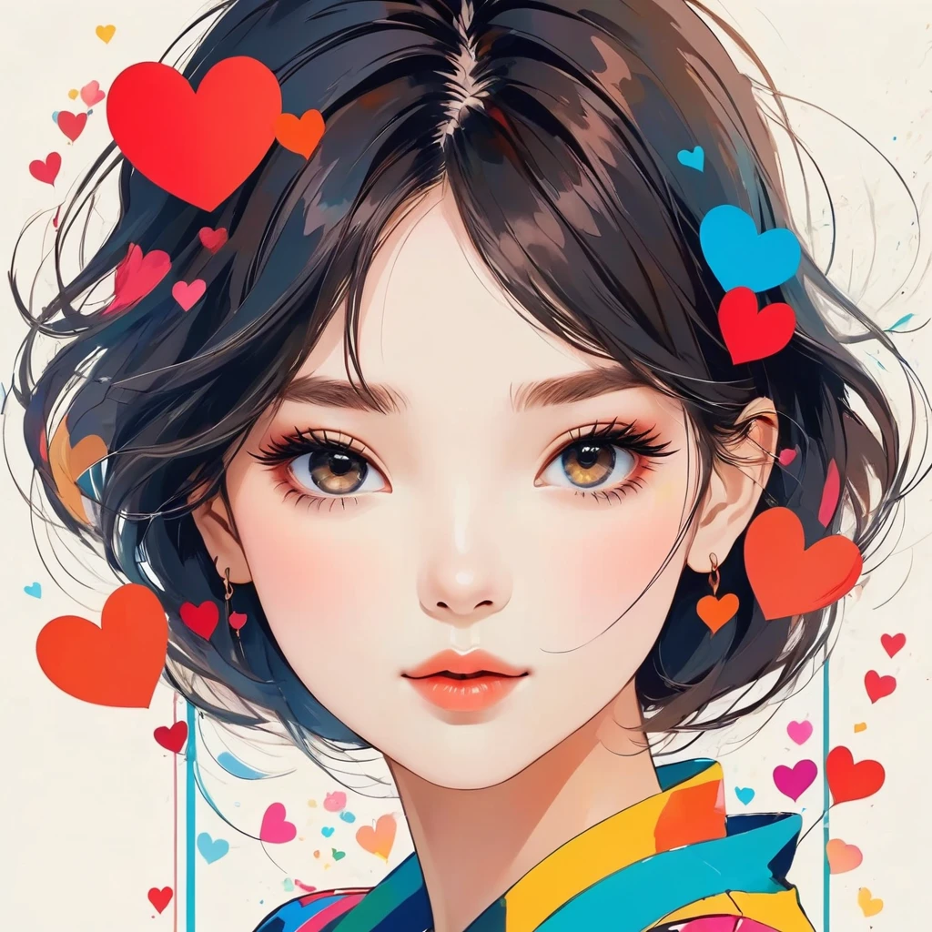 Mika Pikazo style, Simple Line Initialism,Abstract art,Urban Background, colorful hearts ,(((The most beautiful girl of all time))), Sweet face.
