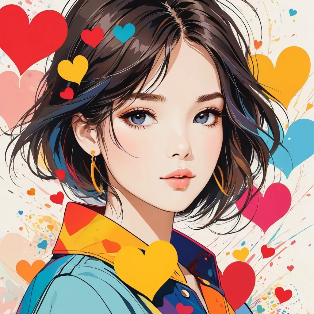 Mika Pikazo style, Simple Line Initialism,Abstract art,Urban Background, colorful hearts ,(((The most beautiful girl of all time))), Sweet face.