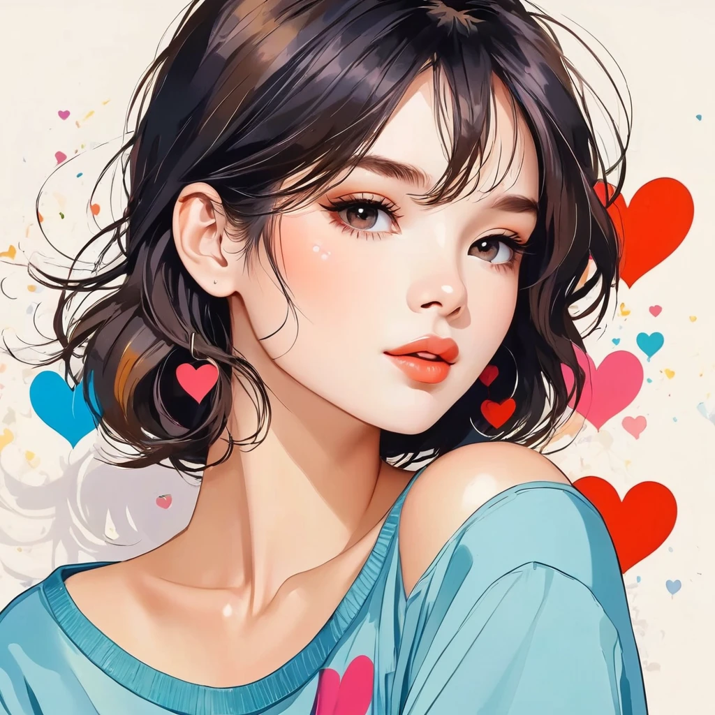 Mika Pikazo style, Simple Line Initialism,Abstract art,Urban Background, colorful hearts ,(((The most beautiful girl of all time))), Sweet face.