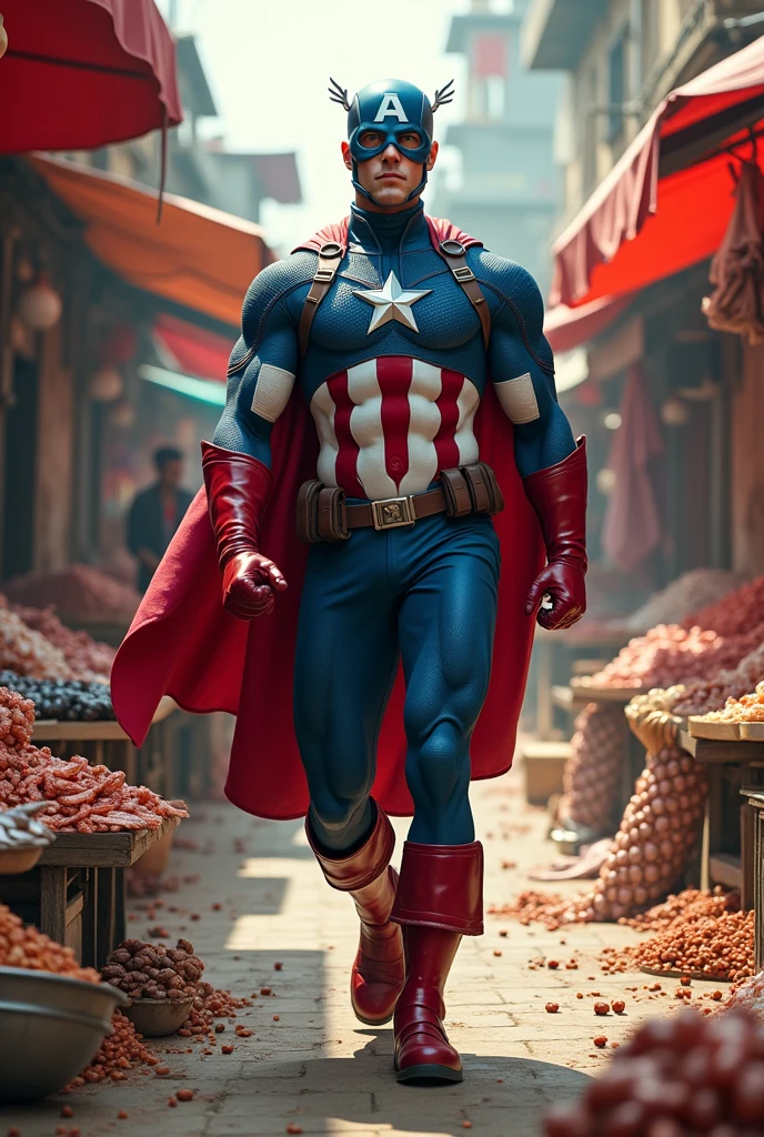 medium portrait of average looking man, upper body, (captain america:0.87) (bodypaint:1.07), promotional photograph, hdr, sharp focus, solo focus, black hair, facial hair, deep skin, street festival background, dof <lora:bodypaint1-12:1>
