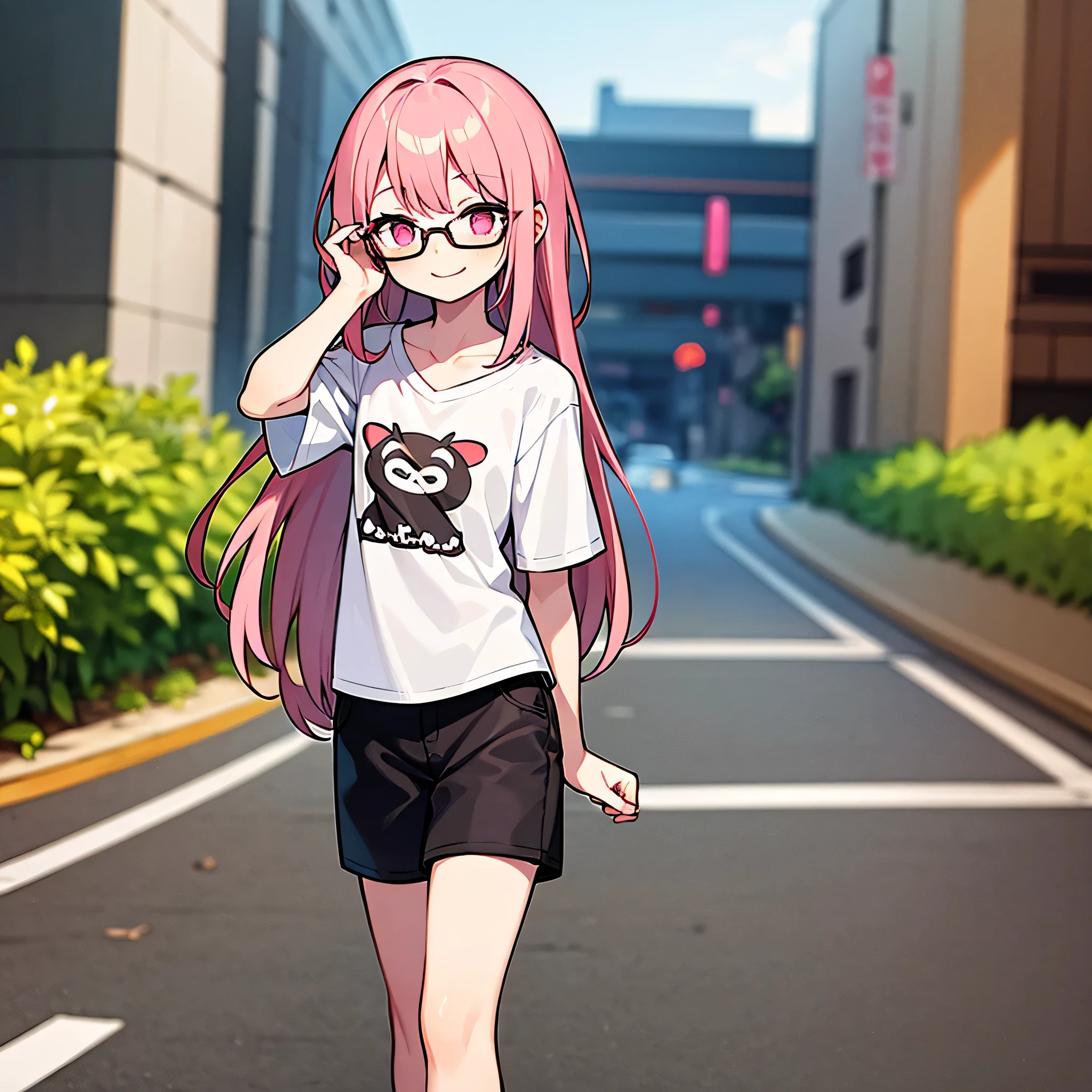 1boy, only one boy, one boy only, , long pink hair, pink eyes, looking at the viewer, wearing glasses, , feminine face, standing on the side of the road, stand straight, smile, looks excited, wearing shorts and an oversized shirt, half-body shot