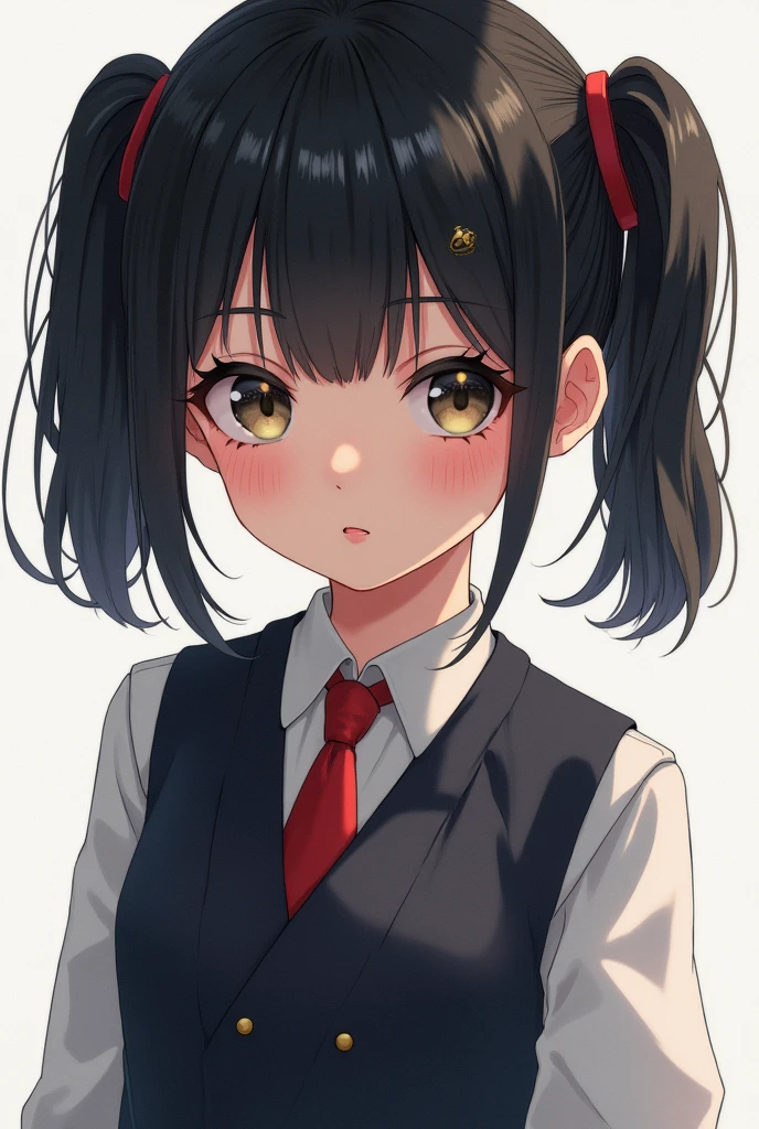 A girl with black hair and wide eyes。Height is 155cm。Dress is Gakuran。Her hairstyle is short twin tails with bangs that reveal her eyebrows.。
