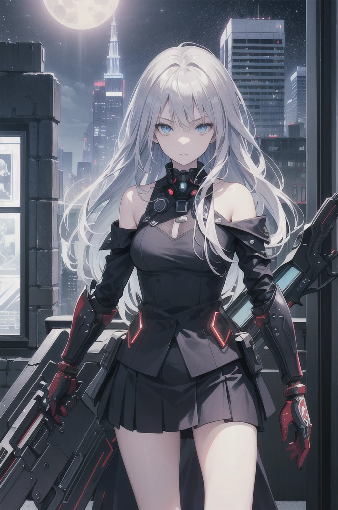 ((masterpiece)), ((best quality)), ((best illustration)), ((ultra-detailed)),((photorealistic color)), 1 lady, solo, teenager, absurdly long hair, silver hair, straight hair, ((blue eyes)), ((hyper detailed eyes)), ((hyper detailed face)), gloomy face, ((holding cybernetic weapon)), lonely, looking at viewer, business suit, off shoulder, sleeveless, ((miniskirt)), bare legs, thin body, thin arms, long arms, standing, cowboy shot, side view, rooftop, skyline, urban, night, moonlight, backlight