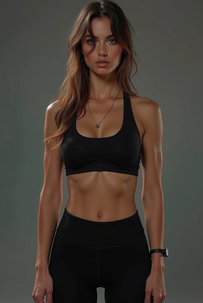 ana de armas, black sports leggings, black sports jersey, Gym, workout, thoughtful face, full height, Ultrarealism, push up bra, detailed, Realism, big breasts