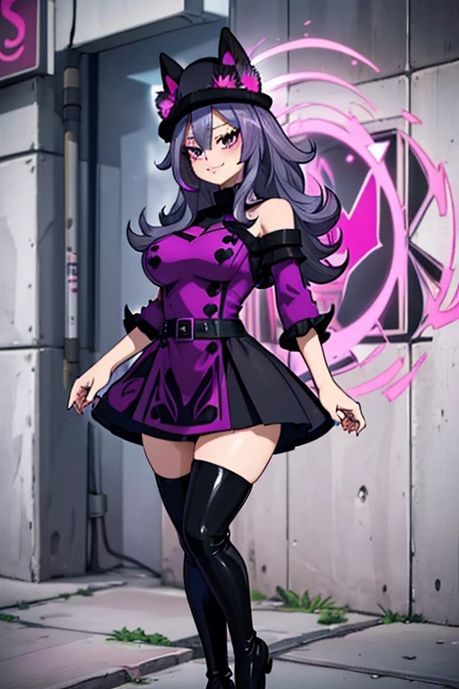 female, black long hair with magenta trim, silver eyes, wolf ears, wolf tail, (((1girl))), (((black and magenta dress))), (black hat with magenta trim), (black thigh high boots), cute and sexy, full body, large breasts, long legs, smiling