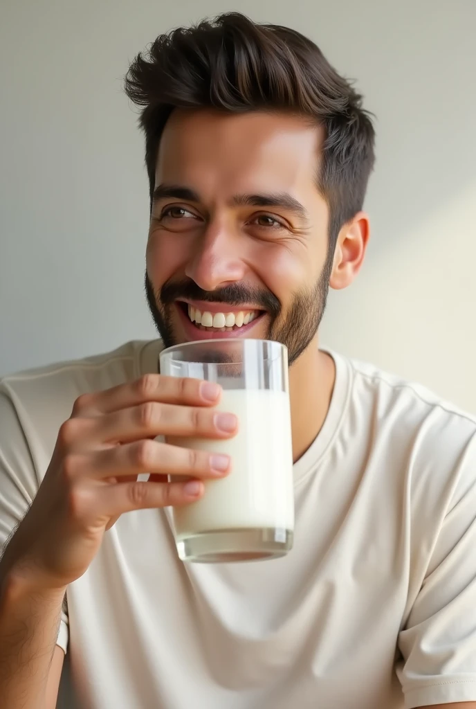 A man Holding a glass of milk and taking a sip of Milk