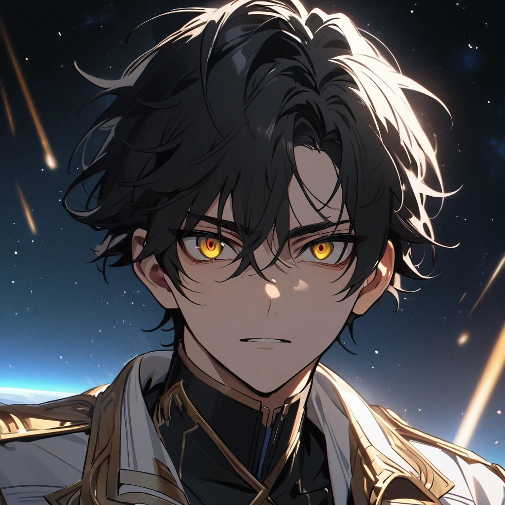 High quality, HD, 4k, no shadows, handsome male, handsome, 1male, 17 years old, teenager, jet black hair, short black hair, dark hair, black hair, jet black hair, sharp eyes, deep gold colored eyes, dark golden colored eyes, deep gold eyes, gold eyes, devil may cry, close up, calm expression, stoic expression, black leather clothes, white leather clothing, lean body, well trained body, upper body, looking at viewer, cowboy shot, white solar, space background