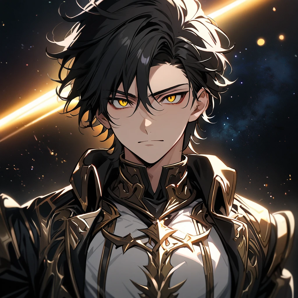 High quality, HD, 4k, no shadows, handsome male, handsome, 1male, , teenager, jet black hair, short black hair, dark hair, black hair, jet black hair, sharp eyes, deep gold colored eyes, dark golden colored eyes, deep gold eyes, gold eyes, devil may cry, close up, calm expression, stoic expression, black leather clothes, white leather clothing, lean body, well trained body, upper body, looking at viewer, cowboy shot, white solar, space background