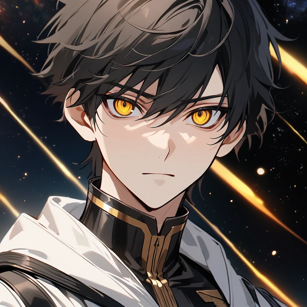 High quality, HD, 4k, no shadows, handsome male, handsome, 1male, 17 years old, teenager, jet black hair, short black hair, dark hair, black hair, jet black hair, sharp eyes, deep gold colored eyes, dark golden colored eyes, deep gold eyes, gold eyes, devil may cry, close up, calm expression, stoic expression, black leather clothes, white leather clothing, lean body, well trained body, upper body, looking at viewer, cowboy shot, white solar, space background