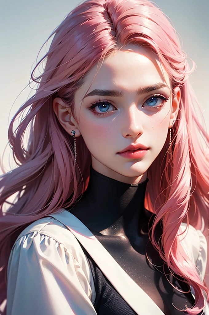 masterpiece, best quality,3d rending work,3DMM style, close-up, portrait, 3D,1girl, solo, perfect face, long hair, academy blue school uniform , long light blonde hair dyed with tint of pink color and with cute fluffy bangs well styled, hair dyed with pink color, detailed light blue eyes highlight light reflecting in her eyes, looking straight to the viewer, realistic, upper body, white background, colorful lighting, lips, edgy makeup, black shade of makeup on eyelids, ear piercing, fair skin, perfect hourglass body, she has sharp jawline, photo card, The artwork should have the best quality, with ultra-detailed and realistic features. The color palette should be vivid, and the lighting should emphasize the character's facial structure and expression.