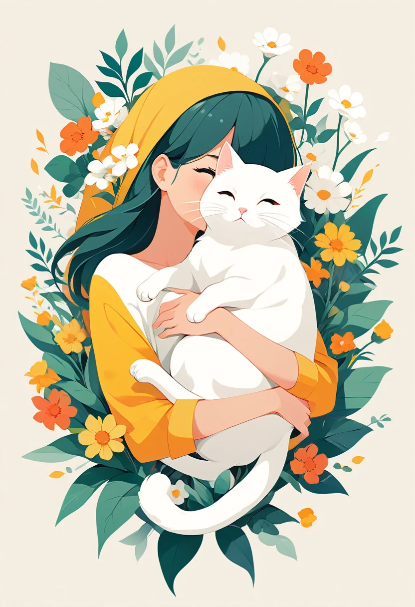 Cute girl hugging white cute cat on background of flowers and green plants (close up) Flat style vector art, Flat vector art uses simplicity in vector art、Pure expression,Highlight simplicity and clarity of form,Bring simplicity and modernity to your work. Vivid depiction. Perfect artistic design. Accurate and perfect anatomy.