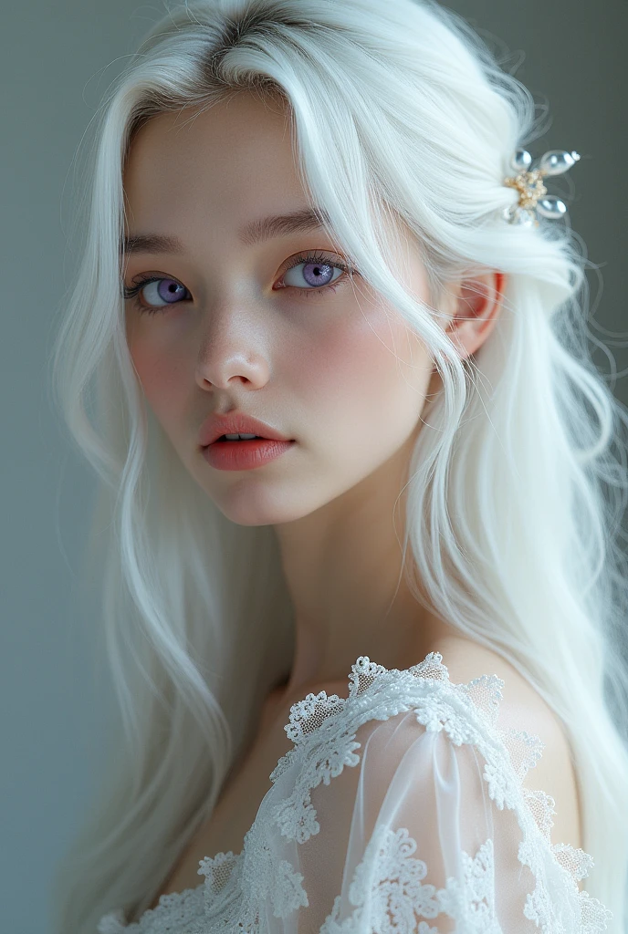 Create a beautiful model woman, long white hair, white eyelashes and eyebrows, purple eyes, age 20 years, French or European nationality. Make him look ahead.