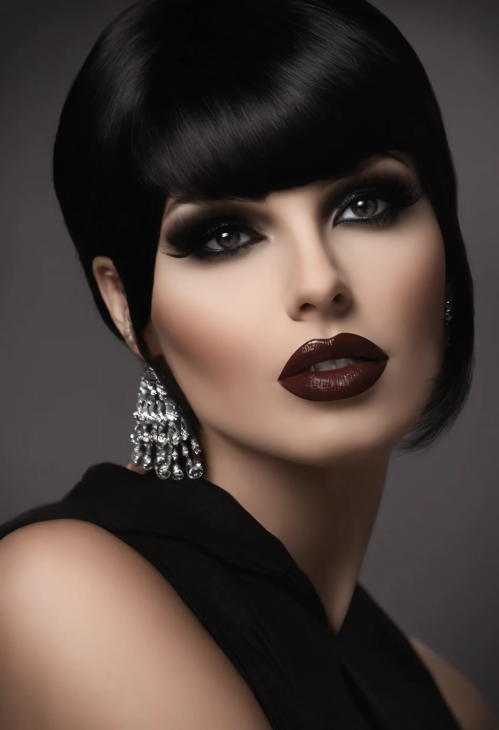 Hey, can you generate me a very realistic dark haired sexy babe with big sexy breasts and sexy lips?The lips should not be too big, but not too small. And the photo should include the entire breasts. And add a 15 centimeter long cock between her breasts