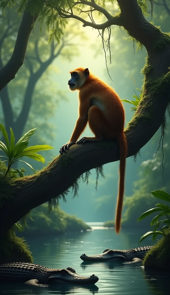 A monkey is sitting on a tree in the forest and crocodiles are below