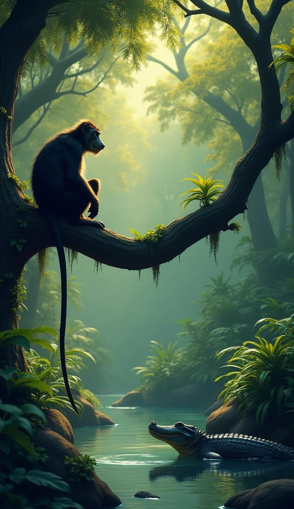 A monkey is sitting on a tree in the forest and crocodiles are below