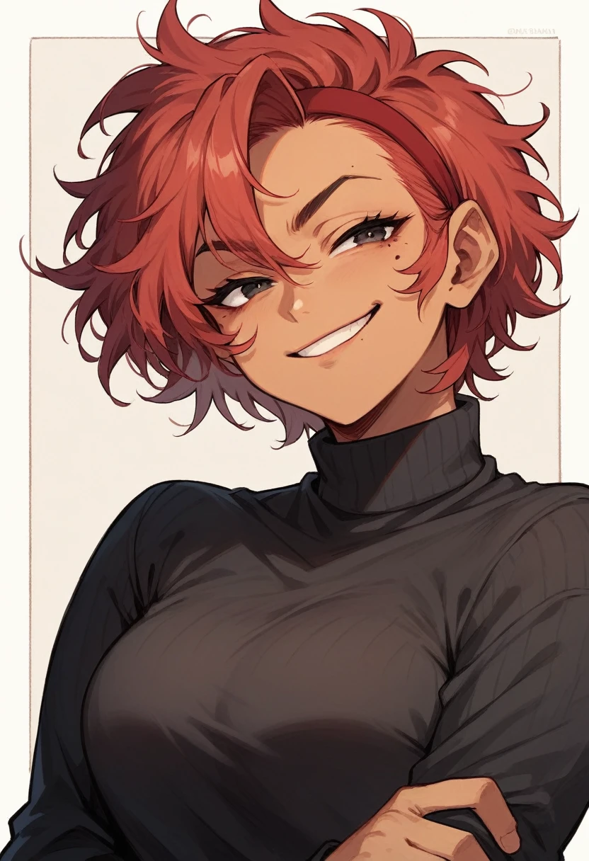 (masterpiece), best quality, expressive eyes, perfect face, tan skinned male, red hair, short hair, messy hair, red headband, smirk, beauty mark, mole, black shirt, sweater tied at the waist, beautiful face