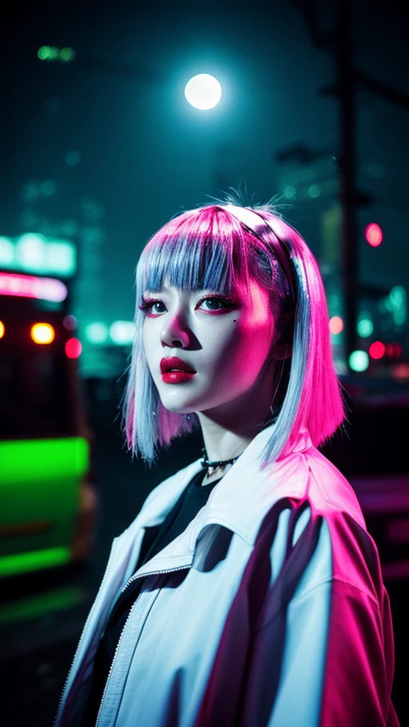 Lucy \(cyber punk\), 1 girl, hair band, Ji Qi, Silver Hair, Color Tips, full moon, Grey Eyes, Jacket, Long sleeve, Looking at the audience, Medium Long Hair, Colorful Hair, Parted bangs, Open your lips, Pink Hair, Portraiture, Red eyeliner, Red lips, alone, white Jacket, cyber punk \(series\), rainy night in a cyber punk city with glowing neon lights