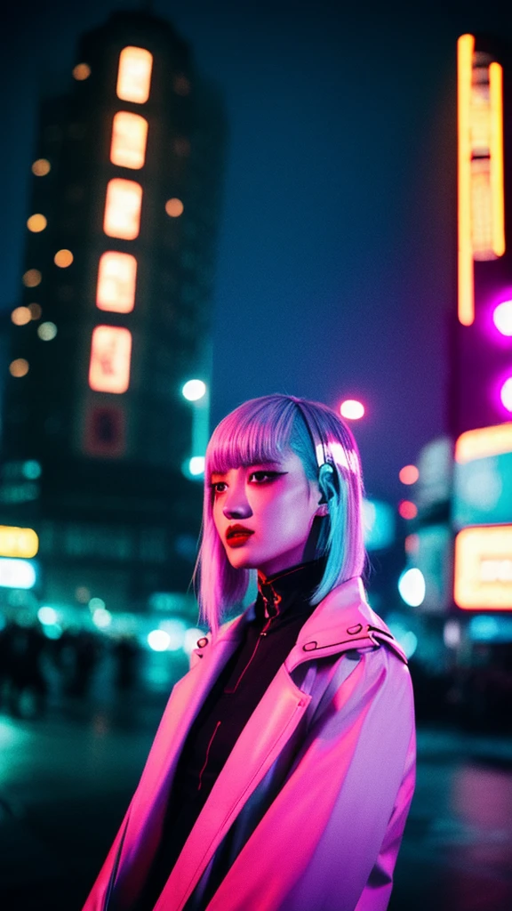 Lucy \(cyber punk\), 1 girl, hair band, Ji Qi, Silver Hair, Color Tips, full moon, Grey Eyes, Jacket, Long sleeve, Looking at the audience, Medium Long Hair, Colorful Hair, Parted bangs, Open your lips, Pink Hair, Portraiture, Red eyeliner, Red lips, alone, white Jacket, cyber punk \(series\), rainy night in a cyber punk city with glowing neon lights