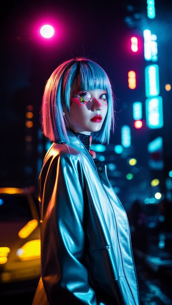 Lucy \(cyber punk\), 1 girl,  hair band, Ji Qi, Silver Hair, Color Tips, full moon, Grey Eyes, Jacket, Long sleeve, Looking at the audience, Medium Long Hair, Colorful Hair, Parted bangs, Open your lips, Pink Hair, Portraiture, Red eyeliner, Red lips, alone, white Jacket, cyber punk \(series\), rainy night in a cyber punk city with glowing neon lights

 