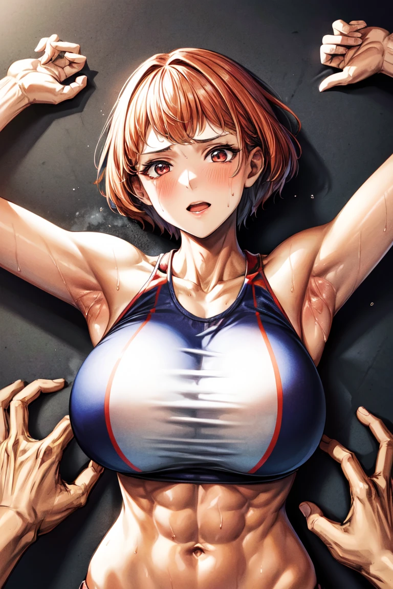 masterpiece,1girl,large breast,armpits,track and field uniform,abs,pov,sweat,sumLeonie, short hair,