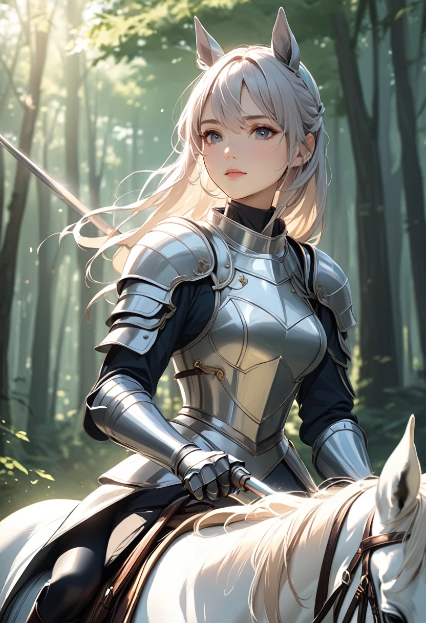 (masterpiece:1.5),(Beat quality),(high res),1girl solo,beautiful face,upper body,A female knight with a shining spear in her right hand,Riding a horse,forest