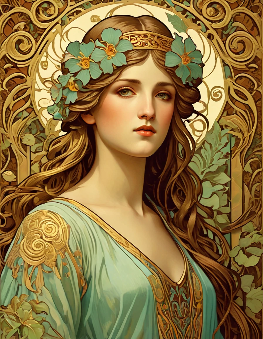 old (Masterpiece, Best Quality, Highres:1.2) Art Nouveau Style Beautiful Woman with Long Hair Shaped as Flowers in the Style of Alphonse Mucha, portrait of a beautiful cute, very beautiful, standing artistically, realistic natural, professional light distribution, very artistic lighting gradation, artistic detail, highly detailed, centered, Nymph-pattern vintage wallpaper with dramatic backlighting casting deep shadows, featuring a meticulously crafted illustration inspired by Dan Mumford and Alphonse Mucha, hyper-realistic and photorealistic textures, extremely detailed with intricate floral and foliage elements, octane rendered in 8K (extremely detailed 8k wallpaper), Golden ratio, hidden ancient Greek symbols (, Spiral), balanced design, color harmony, Vernis Martin, golden, ancient mythology, artistically twisted edges, reminiscent of old-world craftsmanship with a contemporary edge, volumetric lighting, ultra fine details