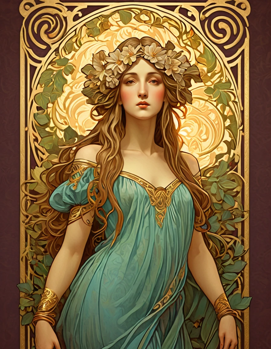 old (Masterpiece, Best Quality, Highres:1.2) Art Nouveau Style Beautiful Woman with Long Hair Shaped as Flowers in the Style of Alphonse Mucha, portrait of a beautiful cute, very beautiful, standing artistically, realistic natural, professional light distribution, very artistic lighting gradation, artistic detail, highly detailed, centered, Nymph-pattern vintage wallpaper with dramatic backlighting casting deep shadows, featuring a meticulously crafted illustration inspired by Dan Mumford and Alphonse Mucha, hyper-realistic and photorealistic textures, extremely detailed with intricate floral and foliage elements, octane rendered in 8K (extremely detailed 8k wallpaper), Golden ratio, hidden ancient Greek symbols (, Spiral), balanced design, color harmony, Vernis Martin, golden, ancient mythology, artistically twisted edges, reminiscent of old-world craftsmanship with a contemporary edge, volumetric lighting, ultra fine details
