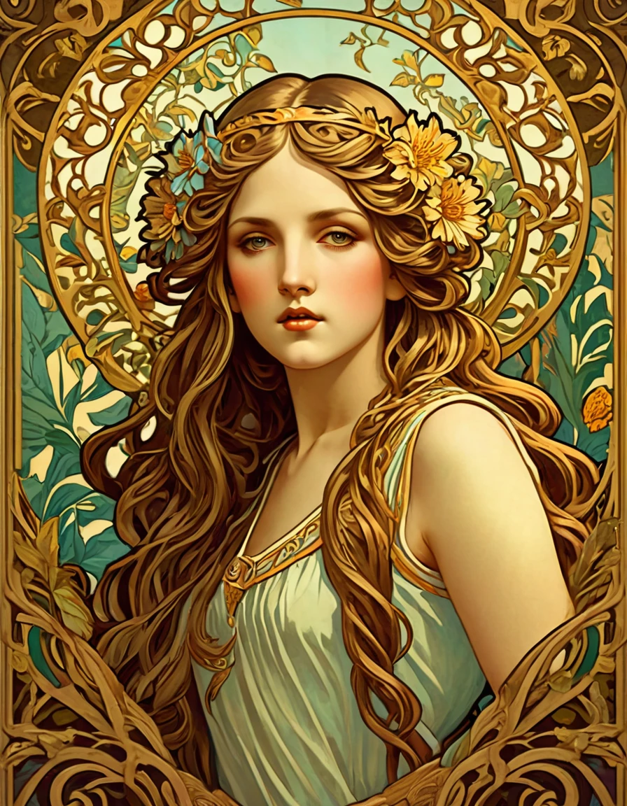 old (Masterpiece, Best Quality, Highres:1.2) Art Nouveau Style Beautiful Woman with Long Hair Shaped as Flowers in the Style of Alphonse Mucha, portrait of a beautiful cute, very beautiful, standing artistically, realistic natural, professional light distribution, very artistic lighting gradation, artistic detail, highly detailed, centered, Nymph-pattern vintage wallpaper with dramatic backlighting casting deep shadows, featuring a meticulously crafted illustration inspired by Dan Mumford and Alphonse Mucha, hyper-realistic and photorealistic textures, extremely detailed with intricate floral and foliage elements, octane rendered in 8K (extremely detailed 8k wallpaper), Golden ratio, hidden ancient Greek symbols (, Spiral), balanced design, color harmony, Vernis Martin, golden, ancient mythology, artistically twisted edges, reminiscent of old-world craftsmanship with a contemporary edge, volumetric lighting, ultra fine details