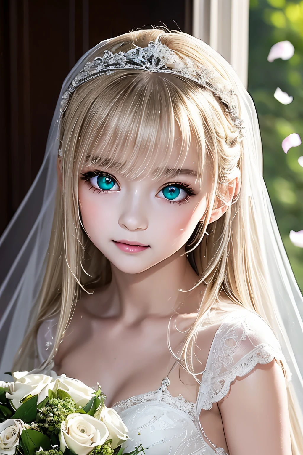 masterpiece,Highest quality,Very detailed,beautiful girl,White gothic lolita wedding dress,Frills,bride,Silver Tiara,bouquet,Blonde,A lot of gems,Soft lighting, teenager,Perfect Face,Beautiful and detailed eyes,Green Eyes,Beautiful Skin,skinny,Small breasts,Dynamic,Majestic church facade,Lots of flowers,Petals Fall